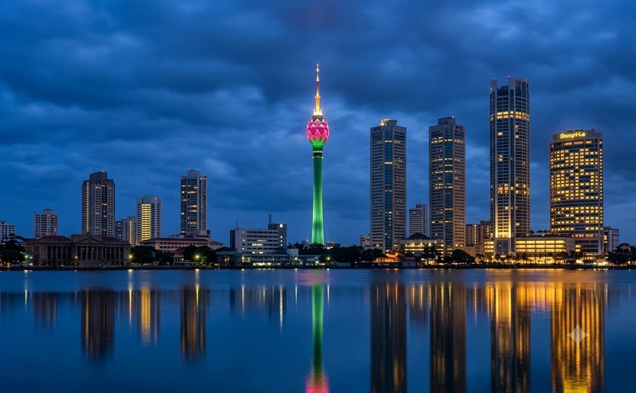 Colombo skyline at dusk, featuring the Lotus Tower